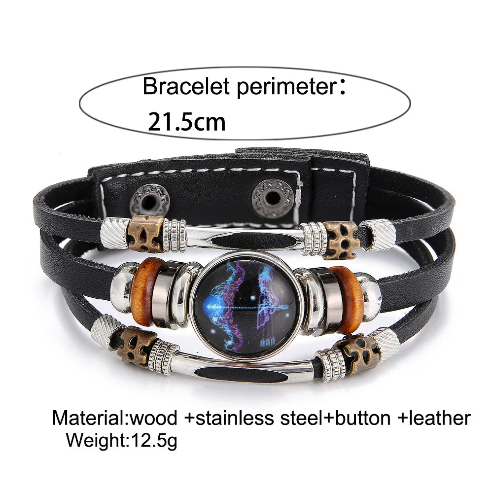 12 Constellation Leather Bracelet Men Women Vintage Multi Layer Wrapped Leather Bracelet and Bangles Birthday Gift