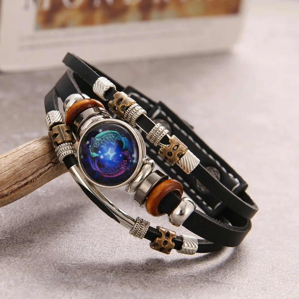 12 Constellation Leather Bracelet Men Women Vintage Multi Layer Wrapped Leather Bracelet and Bangles Birthday Gift