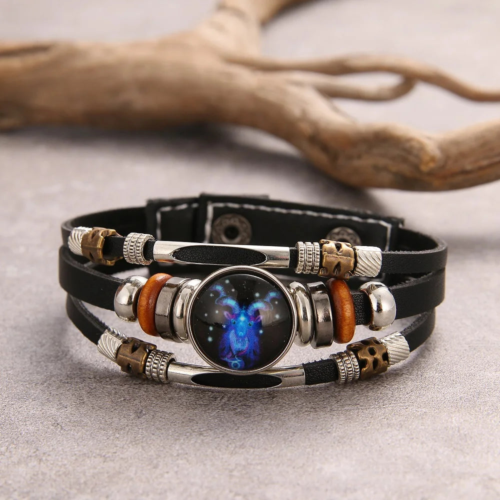 12 Constellation Leather Bracelet Men Women Vintage Multi Layer Wrapped Leather Bracelet and Bangles Birthday Gift