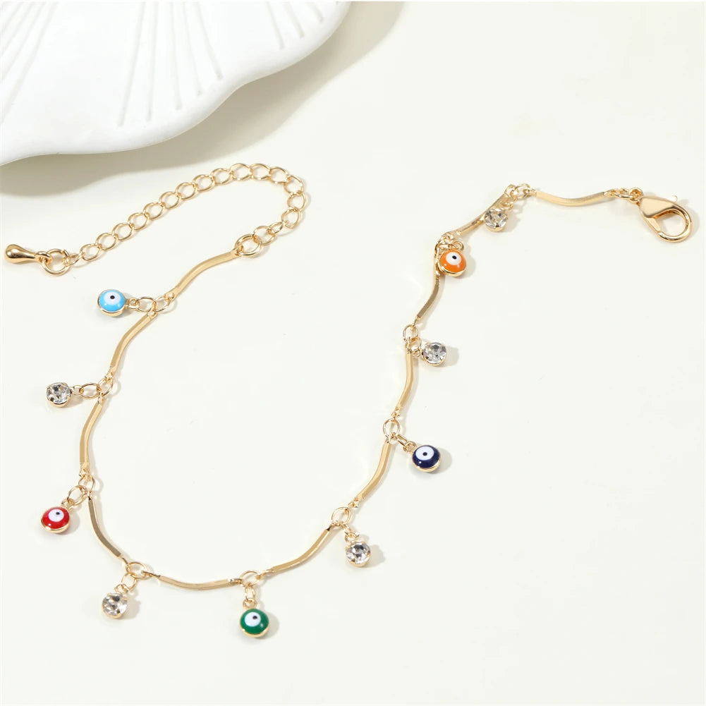 Jewelry Golden Adjustable Chain Enamel Eye Anklets For Women Vintage Copper Crystal Anklet Summer Accessories