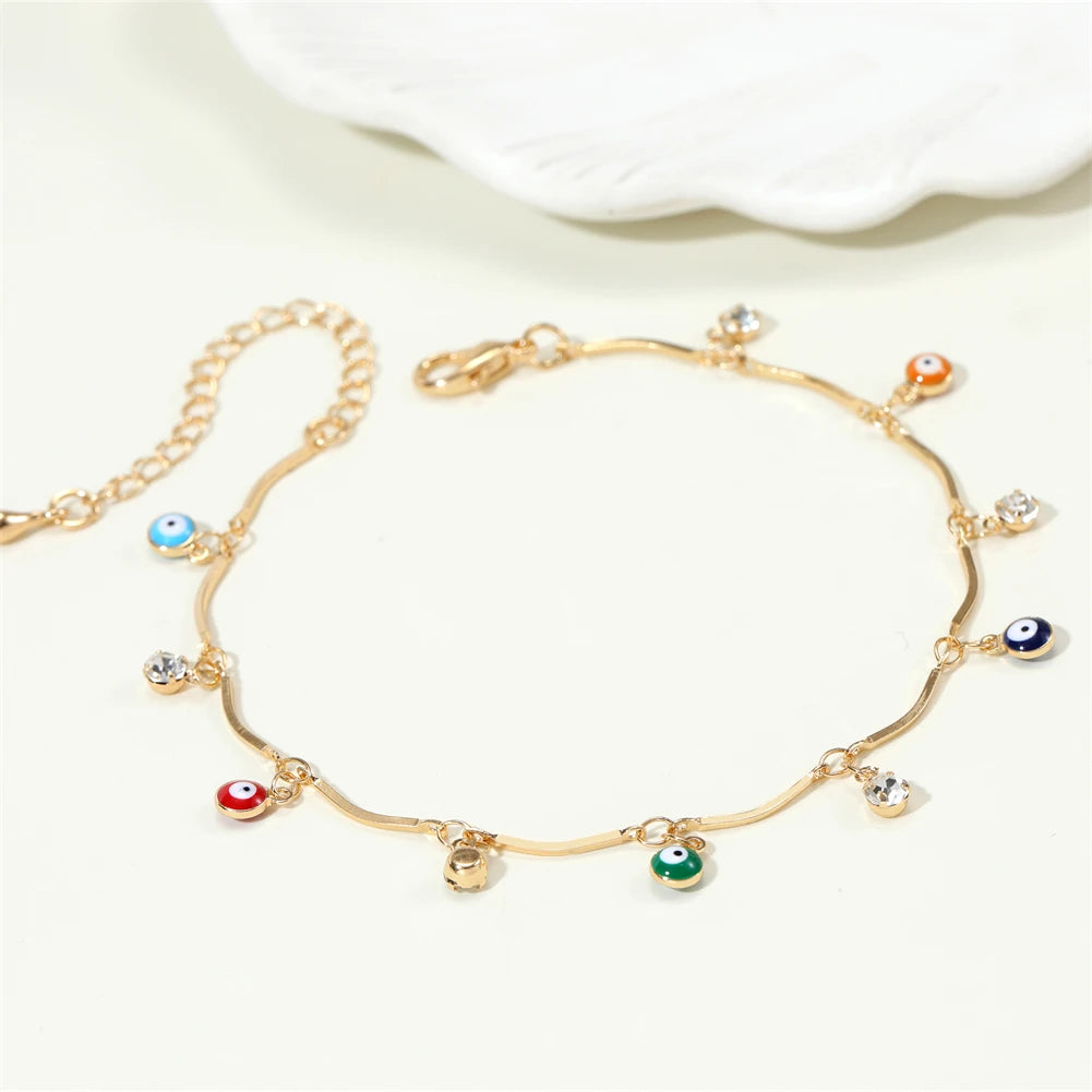 Jewelry Golden Adjustable Chain Enamel Eye Anklets For Women Vintage Copper Crystal Anklet Summer Accessories